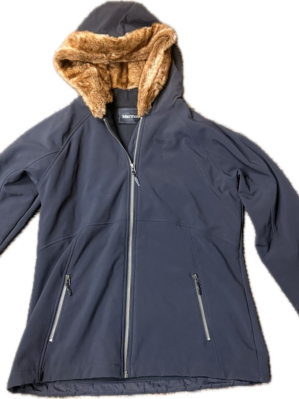 Marmot Black Hooded Softshell Jacket with Faux Fur Lining